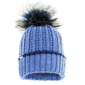 Cappello in lana blu con pompon