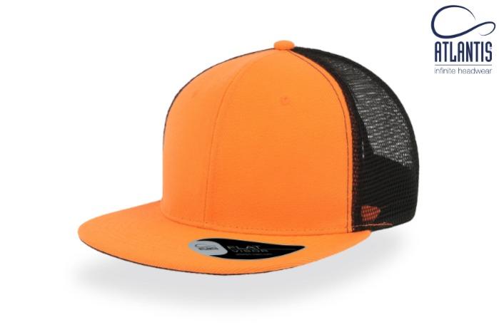 Cappello arancio-nero, visiera piatta e retina in plastica