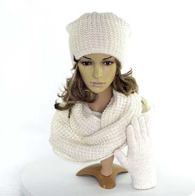 Completo invernale da donna, cappello, sciarpa, guanti, colore ecru