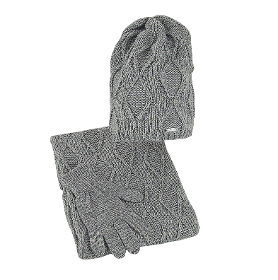 Completo invernale da donna, cappello grigio, sciarpa e guanti